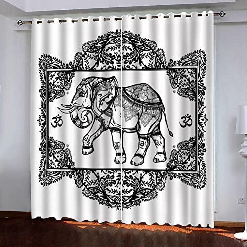 TFLABS Fenster Vorhang Schlaufen-Vorhang 2 Stück x 117 B x 138cm H Grau & Elefant Dekorative Gardine Schlaufenschal Fenster-Schal