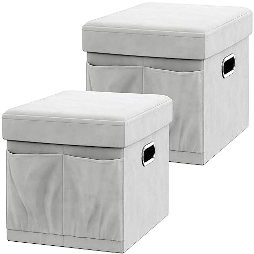 YITAHOME Aufbewahrungs-Ottomane, gepolsterte Faltbare Bank, 2 Stück, Samt-Ottomane, Faltbare Aufbewahrungsboxen, Sitzfußhocker für Schlafzimmer, Flur, Wohnzimmer, Grau