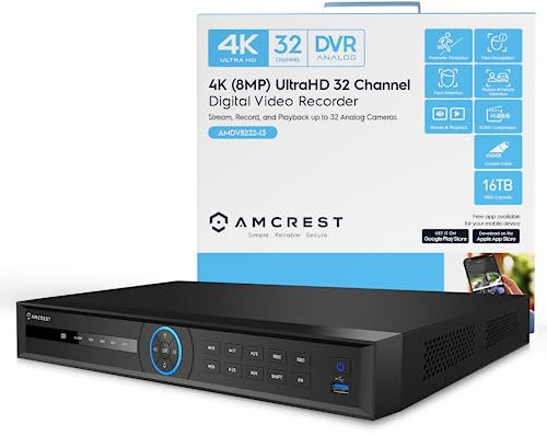 Amcrest 4K UltraHD 32 Channel AI DVR Security Camera System Recorder, 8MP Security DVR for Analog Security Cameras & Amcrest IP Cameras, AI Smart DVR, HDD & Cameras NOT Included (AMDV5232-I3)