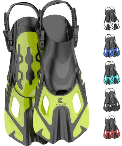 Khroom Aletas Cortas Adultos / niños Talla 32-47 | Aletas de Snorkel Ajustables Cortas | Aletas de natación Aletas Cortas para Snorkel | Aletas de Buceo Ajustables para Nadar / bucear Verde (42-47)