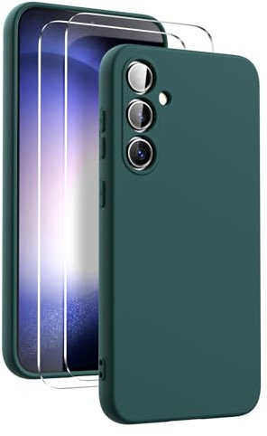 Ikziwreo - Cover per Samsung Galaxy S23 FE 5G Custodia, con 2 Pack Pellicola Protettiva Vetro Temperato, Cover Silicone Morbida Ultrasottile a Tinta Unita, Case Protettiva Gomma Antiurto - Verde Notte
