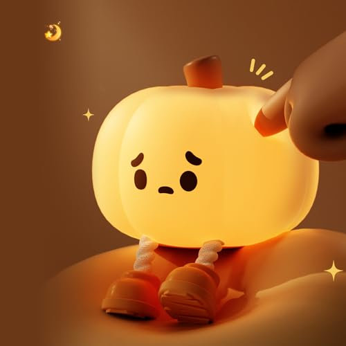 Brisun Silicon Night Light for Kids, Cute Pumpkin Bedside Sleeping Lamp for Nursery & Children, USB Charging Tap Control & Timing, Dimmable and Portable for Birthday & Christmas Gifts
