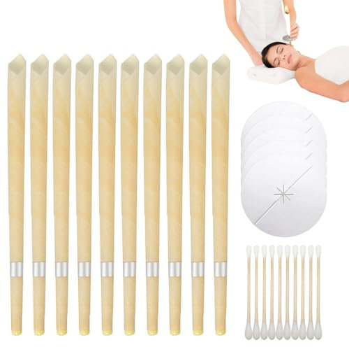 EBHO Candele Orecchie Cerume,Kit per Candele per Rimozione del Cerume,Togli Cerume Orecchie,Candele per Orecchie da 10 Pezzi con 5 Dischi Protettivi