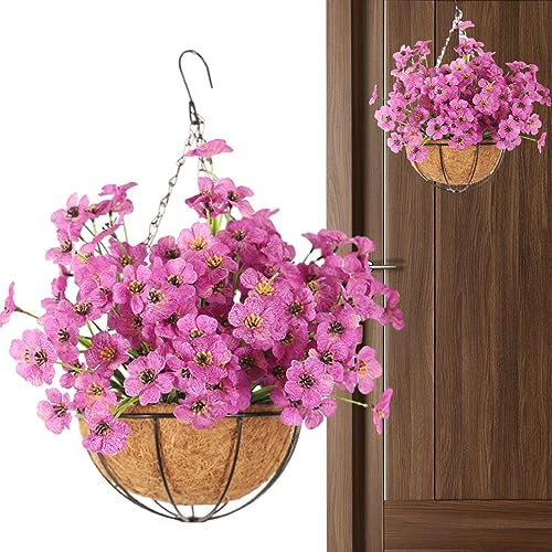 SHERPR Cestas Colgantes Artificiales - Flores Artificiales en Cesta con Flor Violeta | Maceta de Plantas Colgantes Artificiales para decoración de césped, Patio y jardín