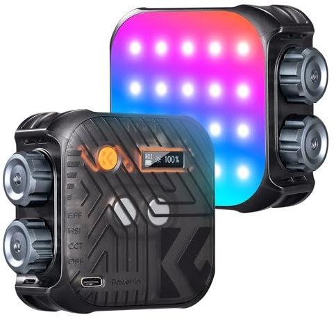 K&F Concept 60 LED RGB Videolicht, 360° Vollfarbige Tragbare Fotoleuchte, 2500K-9900K CRI 96+, mit 21 Lichteffekten, Mini Kamera Licht mit 2000mAh Akku für Vlogging, Selfie, Fotografieren,schwarz