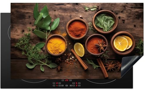 KitchenYeah© Protection Pour Plaque Induction Decoration Cuisine Protégé | 90x52 cm - Cache De Cuisson Vitroceramique Fruits - Epices - Herbes - Cannelle - Gravure sur bois