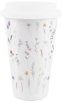 Line Flowers Ceramic Travel Mug - Delicate Floral Meadow Reusable Silicone Lid Double-Walled Insulated Hot/Cold Drinks Tea Coffee Gift Mug
