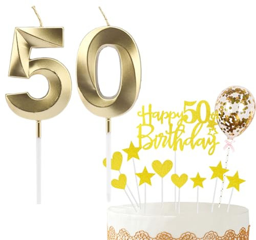 Bolosa 50th Birthday Candles Set, 50th Birthday Cake Topper, Number 50 Candle, 50th Birthday Decorations for Girls Boys Birthday Party Wedding Anniversary (Yellow, Number 50)