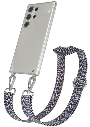 EAZY CASE Handykette - Verstellbares Taschenband kompatibel mit Galaxy S24 Ultra, Schulterriemen, Handykordel mit Silikon Hülle, Umhängetasche, Blau Weiß Silber