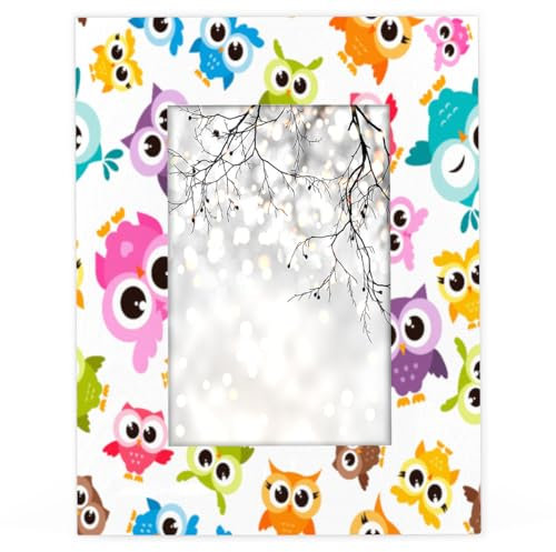 Holz-Bilderrahmen mit lustigen Eulen, bunt, 24 x 19 cm, Tiere, Eulen, Bilderrahmen, Heimdekoration, personalisierbarer Rahmen, Geschenke