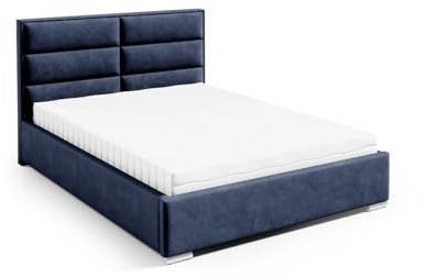 LIKMA Polsterbett Marineblau 180x200 cm mit Stauraum Verchromte Füße Doppelbett mit Kopfteil 11 cm Gepolsterter Stoffett mit Gaslift Stoffbett Bettgestell Ohne Matratze Stoff: Riviera 81