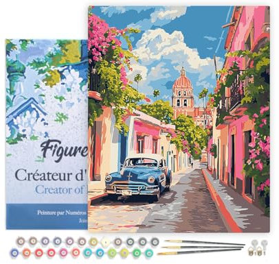 Figured'Art Peinture par Numéro Adulte avec Cadre Voiture classique à Mexico - Activité Manuelle Kit de Loisir Créatif DIY Numéro d'Art Complet - 40x50cm toile tendue sur châssis