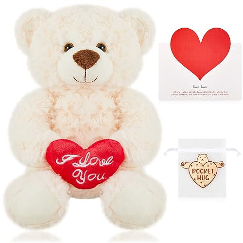 Zomiboo Ours en Peluche Blanc avec Coeur Rouge I Love You 22 cm Jouet Animaux en Peluche Doux avec avec Carte de Voeux Jeton de Câlin de Poche en Bois Sac en Organza pour Cadeau Noël Saint Valentin