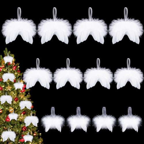 Becellen 12 Stück Engelsflügel Christbaumschmuck, Weiß Weihnachten Engel Federn Ornament Feder Flügel zum Aufhängen für Weihnachtsbaum Deko