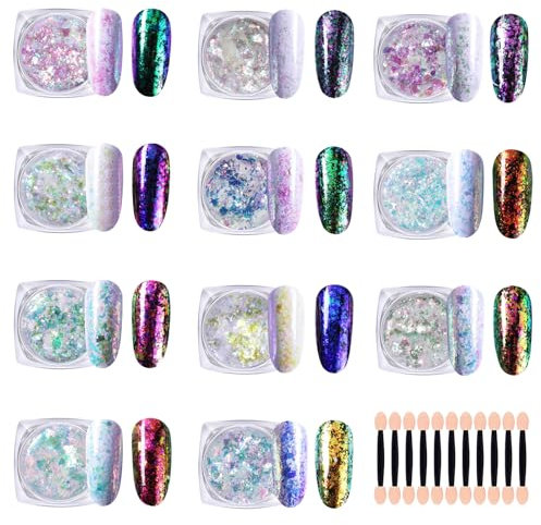 RoseFlower Chrome Nail Powder - 11 Color Nail Sequins with Art Sponge, Chameleon & Fairy Dust Glitter for DIY Manicure
