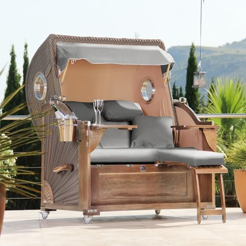 DERKORB Strandkorb 2,5 Sitzer Ostsee Classic mit Bullauge XXL Volllieger in Mahagoni, fertig montiert mit Rollen & Premium Schutzhülle (Grau Uni)
