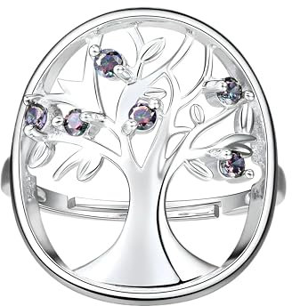 Girls Accessories Bague Arbre de Vie en Argent, Sagesse, pavé de Cristal de Topaze, breloque végétale ajourée, délicate, Quotidienne, Jewelry-T06 Birthday Gift
