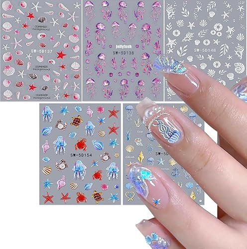 Bkemkri 5 Blätter Meerestiere Nagelsticker Sommer Nagelaufkleber Nagelfolie Laser Muschel Seestern Qualle Meerjungfrau Nagel Sticker Dekoration DIY Nagelaufklebe Aufkleber Design der Nägel Zubehör