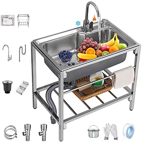 Évier de cuisine en acier inoxydable, 1 compartiment, éviers de cuisine sur pied, robinet à 360°, chaud et froid, bac de lavage à 1 couche, rack de rangement, pour garage, restaurant, atelier, etc.