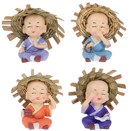 Amosfun 4 Piezas Adornos Espirituales de Monjes Pequeños en Resina Figuras Decorativas para Decoración del Hogar, Oficina y Coche Estatuas de Budismo para Macetas