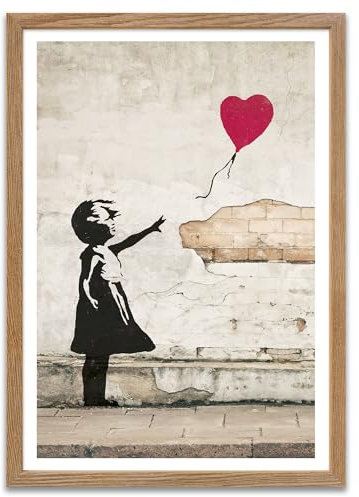 ARTFAVES® Poster - Banksy Girl with balloon | Wanddeko Wandbild Kunst Modern Urban Graffiti | mit Rahmen Eiche | 21 x 30 cm