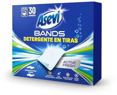 Asevi Bands Detergente en Tiras para Lavadora Active Fresh - Detergente Concentrado Hipoalergénico para Ropa Blanca y de Color Limpia - Blanqueantes Ópticos para un Extra de Luminosidad - 30 Lavados
