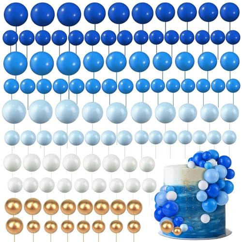 Round Ball Cake Toppers, 108 PCS Cake Balls, Ball Cake Toppers, Mini Balloons Cake, DIY Topper Insert Decoration for Wedding Party Birthday Decorating (Blue White Gold)