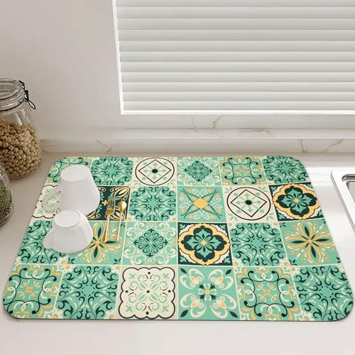 Kaffee kieselgur Abtropfmatte, 40 x 50cm Schnelltrocknend Trockenmatte, Küche Saugfähige Matte, Kaffeemaschine Matte Unterlage, multifunktional Rutschfest für Küche, Bad, Theke, Spüle (Grüner)