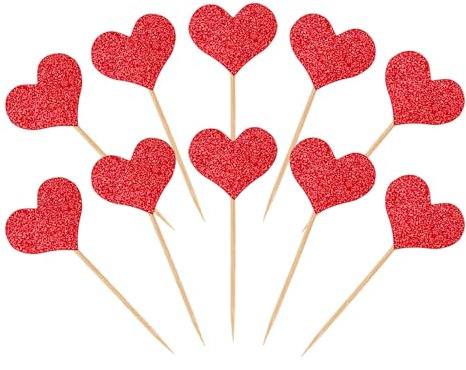 Bliceon 50Pcs Red Glitter Heart Cupcake Toppers - Valentine’s Day Cake Decorations, Wedding and Engagement Picks, Bridal Shower and Birthday Party Supplies, Mixed Sizes for Sweet Love Celebrations
