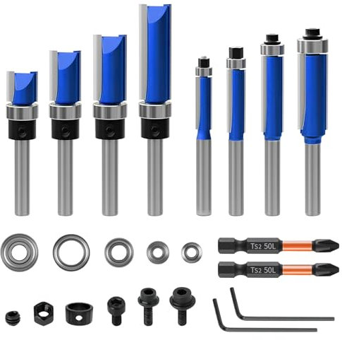 10 fresas de enrasado de 6 mm con 2 puntas magnéticas de impacto, 6 rodamientos, 2 llaves, fresa de copiadora de 8 mm, fresa de madera para fresadora de metal duro