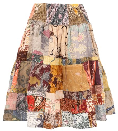 GURU SHOP Weit Schwingender Upcycling Patchwork Minirock, Boho Baumwoll Sommerrock - Braun/bunt, Damen