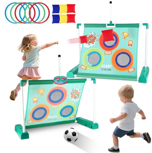 Juegos Exterior Niños Jardin 3 en 1, Juego de Lanzamiento de Anillos, Cornhole, Porteria Futbol Niños, Juegos Aire Libre Niños para Fiesta De Cumpleaños, Juguetes Niños 4 5 6 7 8 años