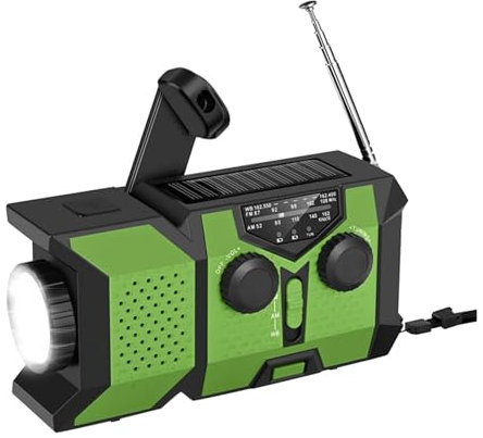 Hand Crank Weather Emergency Radio: Dynamo, Solar, USB and Battery Powered - Upgraded 14800mWh Battery, Flashlight, NOAA Alert, Alarm, 3 External Charger Cell Phone Pocket Radio (Green, A)