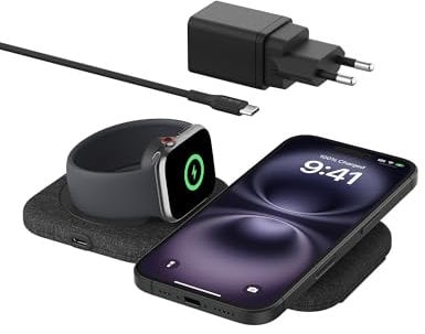 Belkin BoostCharge Pro Magnetische 2-in-1 Qi2 Reiseladestation 15W, MagSafe-Kompatibles Ladegerät, Qi2-zertifiziertes kabelloses Ladegerät für iPhone 17, Air, Pixelsnap, Apple Watch, AirPods