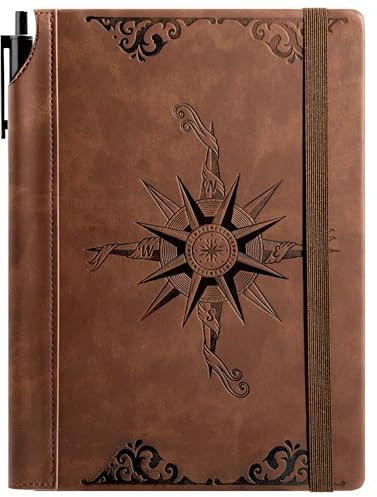 CAGIE Notizbuch A5 Leder Liniert, Hardcover Tagebuch mit Stift, Vintage Relief Tagebuch für Männer, 288 Seiten 100 GSM Papier, Reisetagebuch, für Büro & Tagesnotizen, Braun