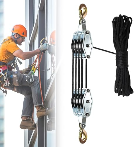 Flaschenzug mit Seilbremse 8:1 Übersetzung, 2000 kg Tragkraft, 20 m Seil, Schwerlast Seilzug mit Sicherheits-Haken, Hubhöhe 2,5 m, Hand-Flaschenzug für Garage, Bau, Jagd, Boot & Lager