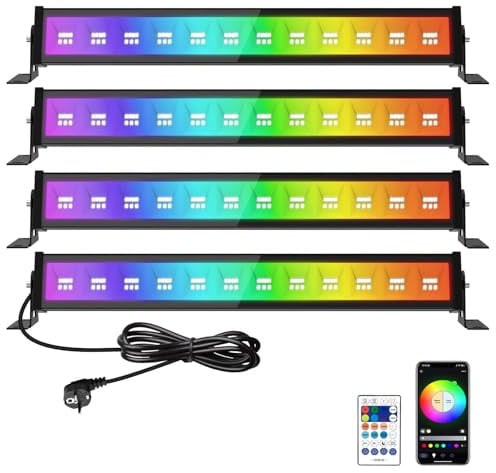 T-SUN 50W Barra LED RGB, 4 Pezzi RGB Faretto LED Esterno, Faretti Colorati Intelligente con Telecomando/APP/Memoria/Timer/Impermeabile IP66 per Scenari Bar Festa Giardino
