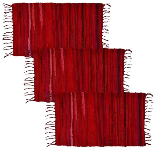 MARRAKESCH 3er Set Teppich Läufer handgewebt Cotton Rug klein 50x90 cm | Boho Streifen Teppiche aus Baumwolle mit Fransen | Blauer Fußmatte Vorleger | Wohnzimmer, Küche, Flur