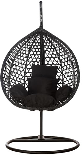 RAMROXX Luxus Hängesessel Style XXL Rattan Korb Gestell Schwarz mit Relaxkissen Schwarz