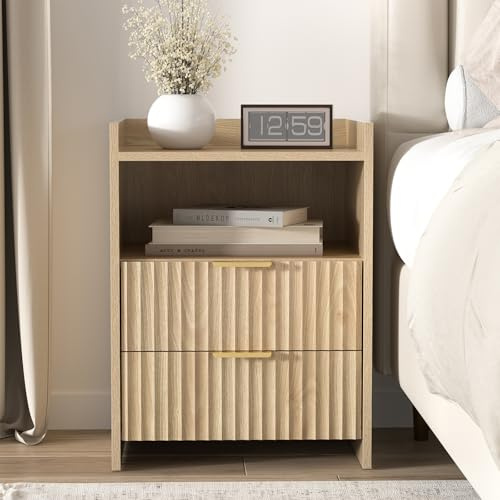 Yvsevnr Holz Nachttisch Eiche Klein Nachtschrank mit 2 Schubladen und 1 Offenes Fach Nachtkommode mit Metall Griff Couchtisch Rille Beistelltisch Sofatisch für Wohnzimmer Schlafzimmer 45 x 40 x 60 cm