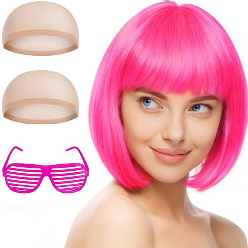 Aomig Kurze Bob Perücke, 2/3/4Pcs Bunte Neon-Bob-Perücke, Pony-Perückeen | Perücken Haarteile Cosplay für Nachtclub/Tanzen/Karneval/Fasching Motto Party Halloween Dekorationen