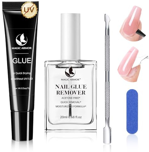 MAGIC ARMOR Nagelkleber 15g & Nagelkleberentferner 20ml zum Auftragen dem Pinsel, kein UV-Licht erforderlich Press On Nails Gel, Acetonfreier Kleberlöser, mit Nagelhautwerkzeug Set