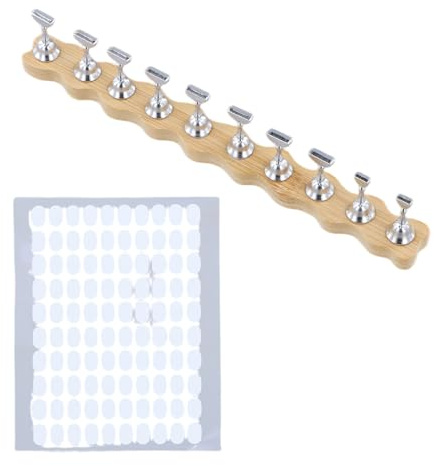 Nail Stand for Press Ons, Holders (8 Large 2 Small), Wooden Wave Base with 10 Silver Nail, Nail Art Display Stand for Painting Nails with 100pcs Adhesive, DIY Manicure Practice Tool