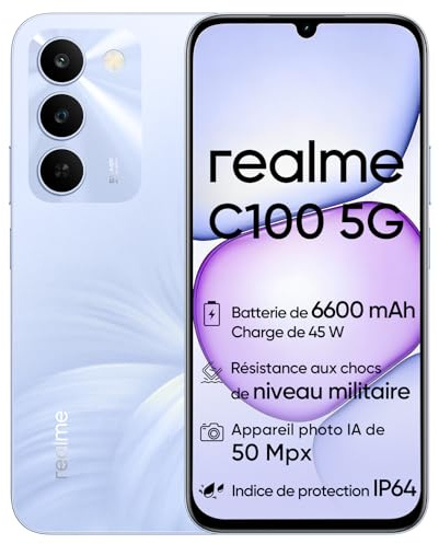 realme C100 5G Smartphone, 4GB+128GB, Display LCD 144Hz 6,5, Batteria 6600mAh, Fotocamera 50MP IA, IP64, Ricarica Rapida 45W, Dual SIM, AI Boost, Viola (Senza Adattatore)