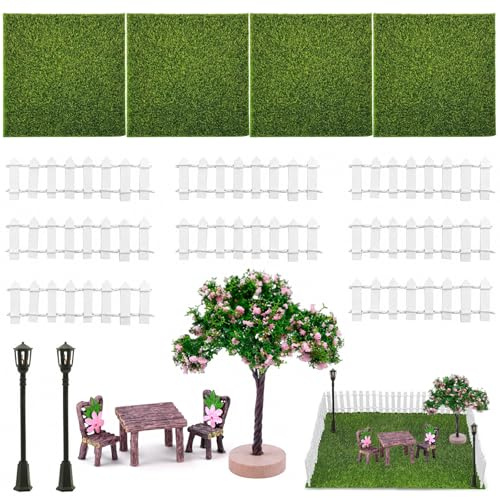 ZHITENG Accessoires de Jardin Miniatures 18 Pièces Jardin Féerique Maison | Comprend Clôtures Miniatures Gazon Artificiel Arbres Miniatures Ensembles Table Chaises Miniatures Lampadaires