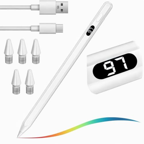 Stylet pour i-Pad 2018-2026 Recharge Rapide Rejet de Paume 5 Pointes | Rejet de paume, adsorption magnétique, Capteur d'inclinaison,affichage de puissance LED, compatible iPad 6-11/A16, Air M2-4