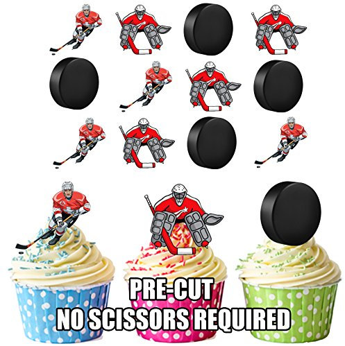 AK Giftshop Essbare Kuchendekorationen, Design: Ice Hockey Spieler & Puck, vorgeschnittene essbare Oblaten mit Motiv, 12 Stück
