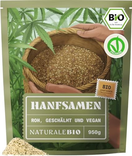 NaturaleBio Organic Hemp Seeds, Raw & Hulled, Plant-Based Topping | 950 g. Organic raw & hulled hemp seeds, high protein and omega-3 & 6, for salads, bowls, porridge and baking.
