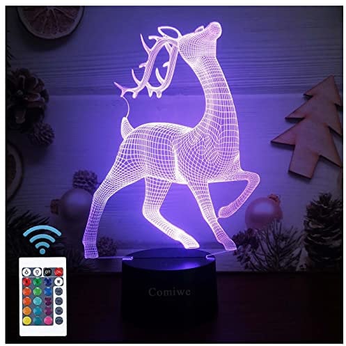 Comiwe Hirsch (D) 3D Illusion Nachtlicht Spielzeug,Dekoration LED Nachttischlampe 16 Farben Ändern mit Fernbedienung,Weihnachten Deko Lampe Geburtstagsgeschenk Für Mädchen Jungen Kinder und Freunde