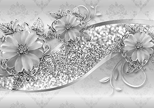 wandmotiv24 Fototapete grau Blumen Diamanten, XXL 400 x 280 cm - 8 Teile, Wanddeko, Wandbild, Wandtapete, Blüten Ornamente M3798